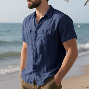 Men's navy linen short sleeve shirt with pockets for casual beach and summer workwear.