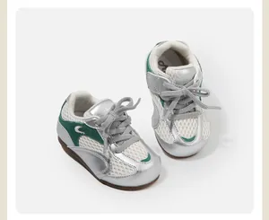 Silver and green mesh baby toddler sneakers with lace-up design for casual autumn wear