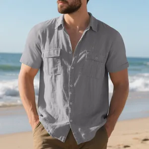 Grey men's casual short sleeve linen shirt featuring cargo pockets and breathable fabric