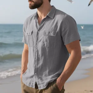 Detailed view of men's loose gray linen short sleeve beach shirt featuring double chest pockets