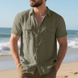 Men's casual olive green linen short sleeve shirt with double chest pockets at the beach