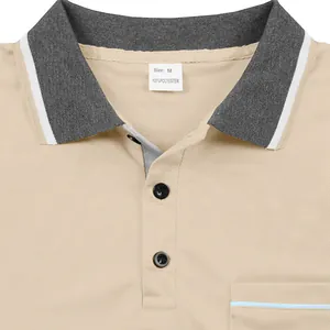 Dettaglio di una polo da uomo kaki con colletto a contrasto grigio e taschino sul petto
