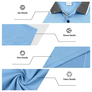 Dettagli del polo da uomo azzurro che mostrano colletto, orlo e tessuto traspirante