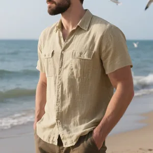Casual men's linen short-sleeve shirt in beige, loose fit for summer beach wear.