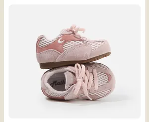 Detailed view of pink mesh breathable toddler walking shoes for boys and girls