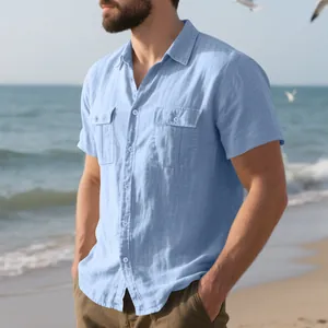 Detailed look of men's loose blue linen short sleeve beach shirt with pockets