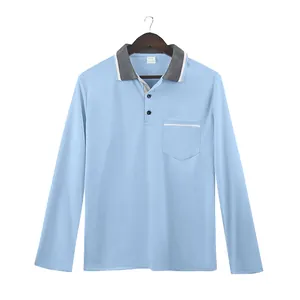 Polo classica a maniche lunghe celeste da uomo con colletto grigio a contrasto.