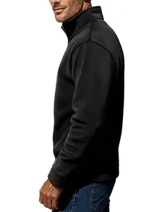 Side profile close-up of a men's black fleece pullover with warm stand-up collar.