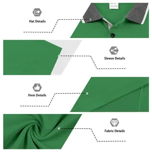 Detailopname van groen poloshirt met kraag, mouwen, zoom en de stoftextuur
