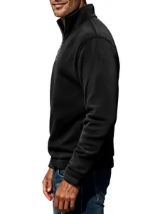 Side view of men's black quarter-zip fleece pullover with a minimalist stand collar.