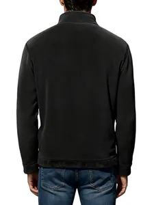 Back view of a casual men's solid black fleece pullover featuring a cozy stand collar design