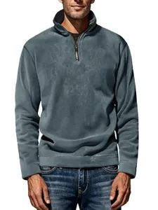 Detail of grey men's half-zip polar fleece sweatshirt with stand collar design