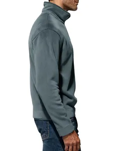 Detailed side profile view of a men's solid color fleece pullover with stand collar.