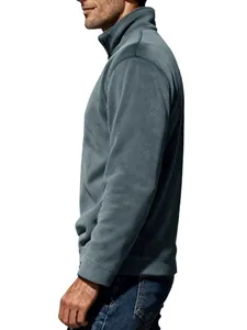 Detailed side view of a men's solid color fleece sweatshirt featuring a stand collar design