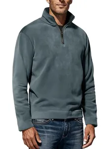 Detailed view of a men's blue-grey solid color fleece sweatshirt with half-zip stand collar