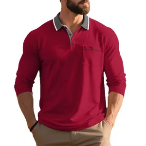 Vista professionale della polo rossa a maniche lunghe da uomo con colletto grigio a contrasto