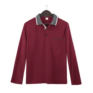 Vista completa della polo bordeaux con colletto grigio a contrasto e taschino