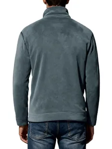 Back view of men's solid color fleece pullover showing soft texture and stand collar