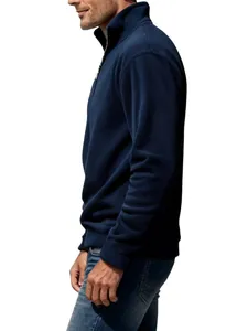 Side profile detail of men's navy blue quarter-zip fleece pullover sweatshirt