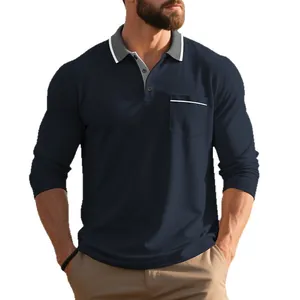 Polo blu scuro a maniche lunghe con colletto grigio a contrasto e taschino sul petto