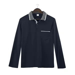 Polo premium a maniche lunghe blu navy con colletto grigio a contrasto e taschino