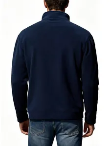 Back view detail of a men's navy blue polar fleece sweatshirt featuring a stand collar