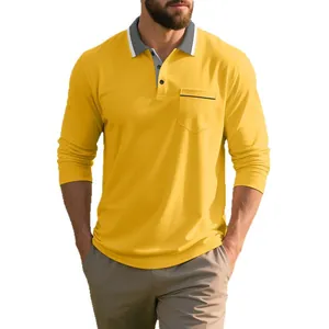 Klassiek geel poloshirt voor heren met lange mouwen, borstzak en contrastrijke kraag