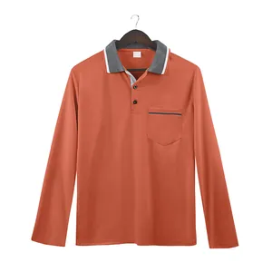 Polo da uomo a maniche lunghe arancione con elegante colletto a contrasto e taschino