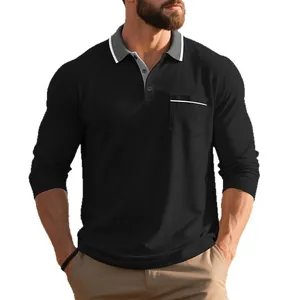 Polo classica da uomo a maniche lunghe nera con un elegante risvolto grigio a contrasto