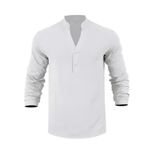 Detailansicht Herren Leinen Henley Shirt weiß mit Stehkragen und langen Ärmeln