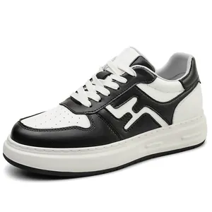 Men Cowhide Leather Retro Skate Shoes Hidden Height Lightweight Breathable White Sneakers Casual Fashion Board Shoes