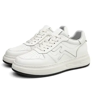 Premium men's vintage white leather sneakers featuring a 6cm height increasing platform sole
