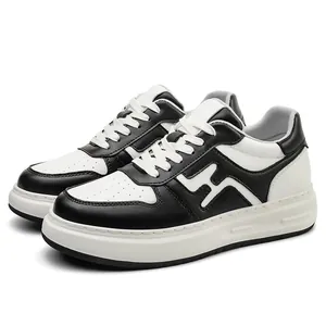 Classic black and white leather men's sneakers with 6cm height increasing platform sole