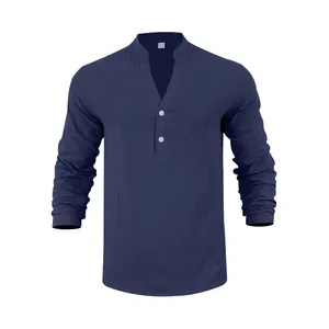 Navyblaues Langarm-Henley-Hemd für Herren aus Leinen mit V-Ausschnitt