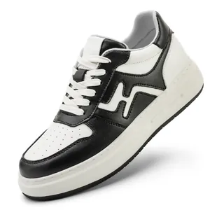 Professional retro men's black and white leather sneakers with 6cm internal heightening