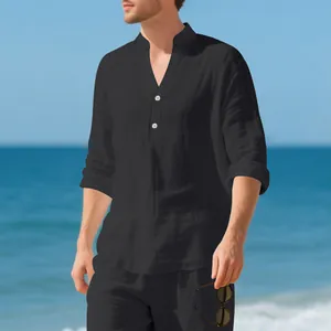 Schwarzes atmungsaktives Leinen-Henley-Hemd für Herren, lässiger Langarm-Stil am Strand