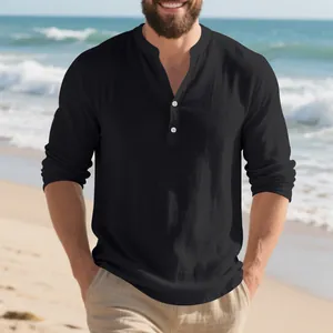 Schwarzes Herren-Leinenhemd mit langen Ärmeln und geknöpftem Stehkragen für den Strand