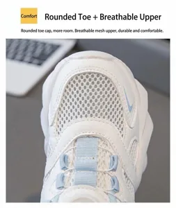 Close-up view of breathable mesh material on white children sports shoes for summer
