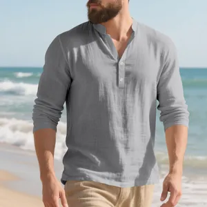 Graues Leinen-Henley-Hemd für Herren mit Stehkragen und langen Ärmeln für den Strand