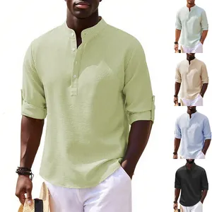 Men's Casual Long Sleeve Top Waffle Texture Stand Collar Henley Shirt Solid Color Loose Fit Polyester Breathable Top