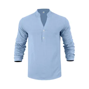 Hellblaues langärmliges Leinen-Henleyshirt für Herren mit Stehkragen und Knopfleiste