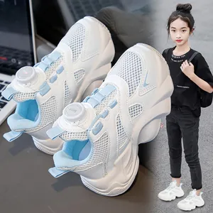 Girls Mesh Breathable Rotary Buckle Sports Sneakers Summer Lightweight School Athletic Shoes For Kids Fashion White Blue Sneakers