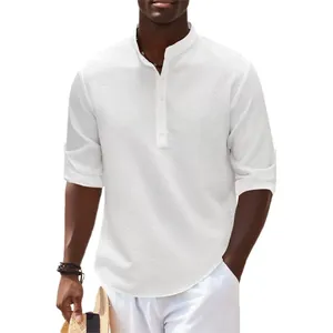 Casual men's white long sleeve stand collar shirt featuring breathable textured fabric.