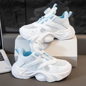 Breathable white and blue girl's sneakers with quick-lock knob buckle system for campus