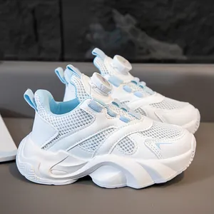 Breathable mesh sneakers for girls with dial-style button closure in white and blue