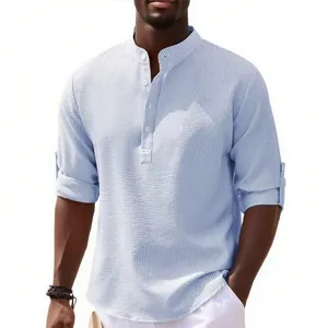 Men's blue and white checkered shirt with stand collar and button neckline detail