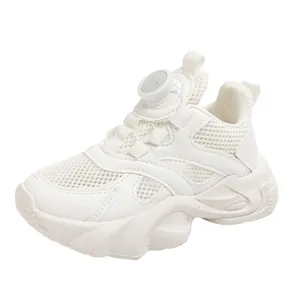 Girls' breathable white mesh sneakers with a convenient rotary button lacing system.