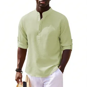 Stylish men's casual long-sleeve henley shirt with waffle texture and stand collar in green