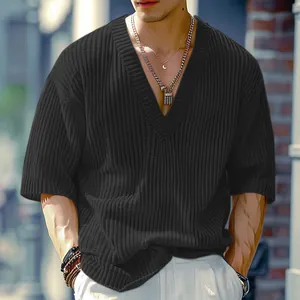 Close-up of men's casual black V-neck ribbed knit T-shirt with half sleeves