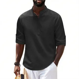 Men's black textured long sleeve shirt with stand collar and henley button placket